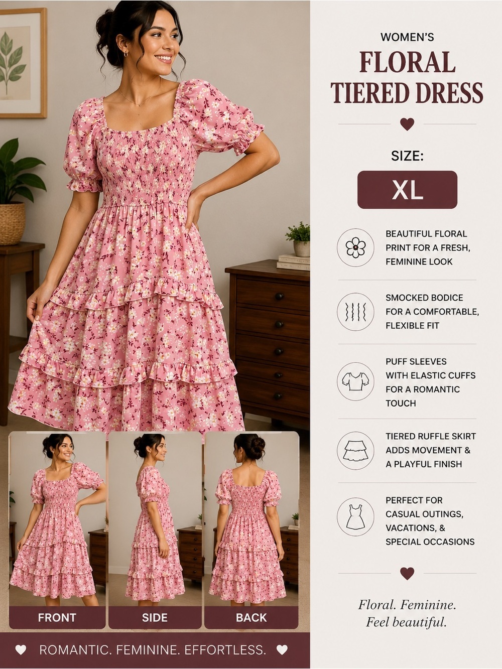 Smocked Puff-Sleeve Pink Floral Tiered Dress XL Pit 16”
Length 31”
Stretchy